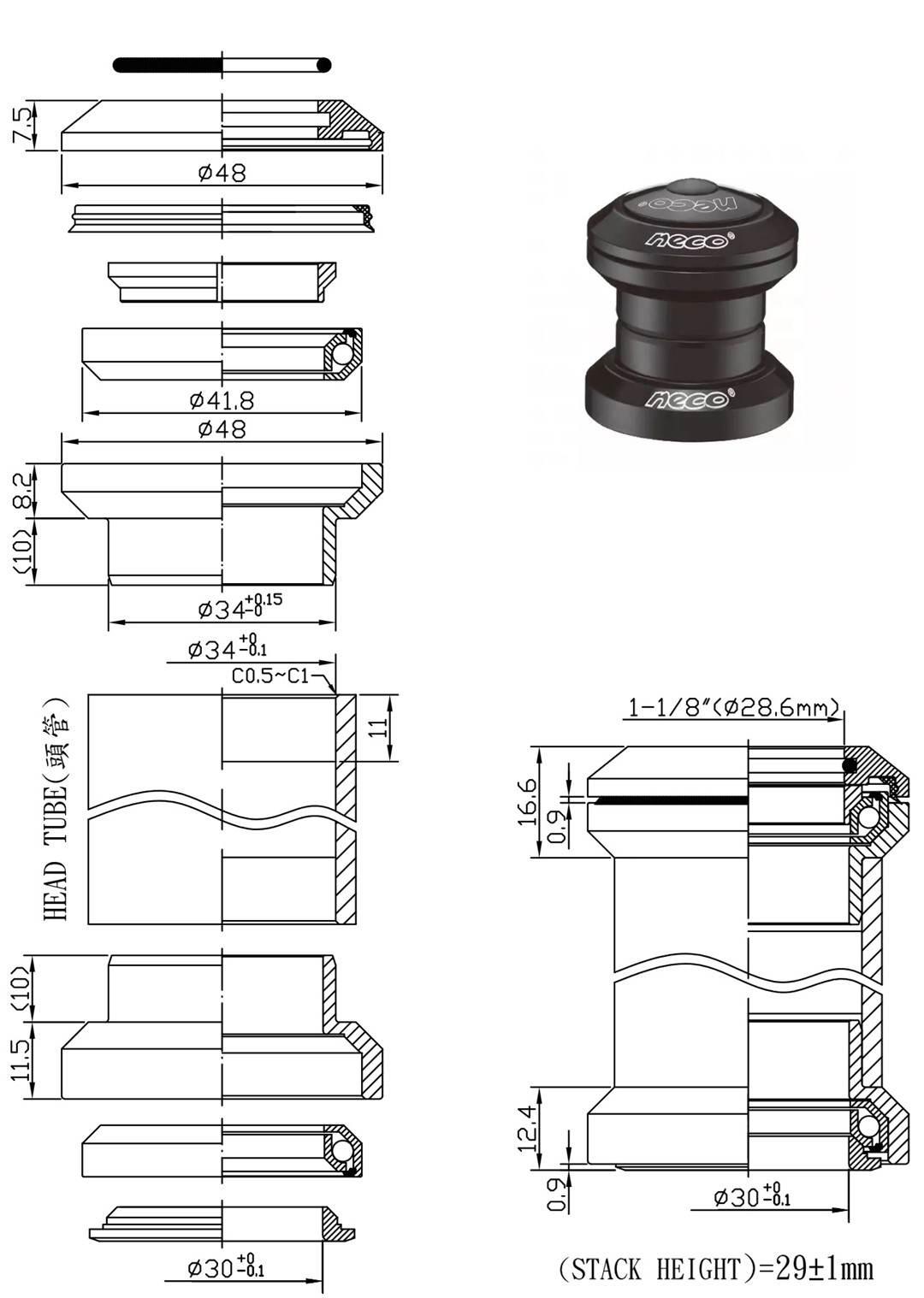 Stery Ahead 1-1/8" 34X30 Alu Neco H711 Bk