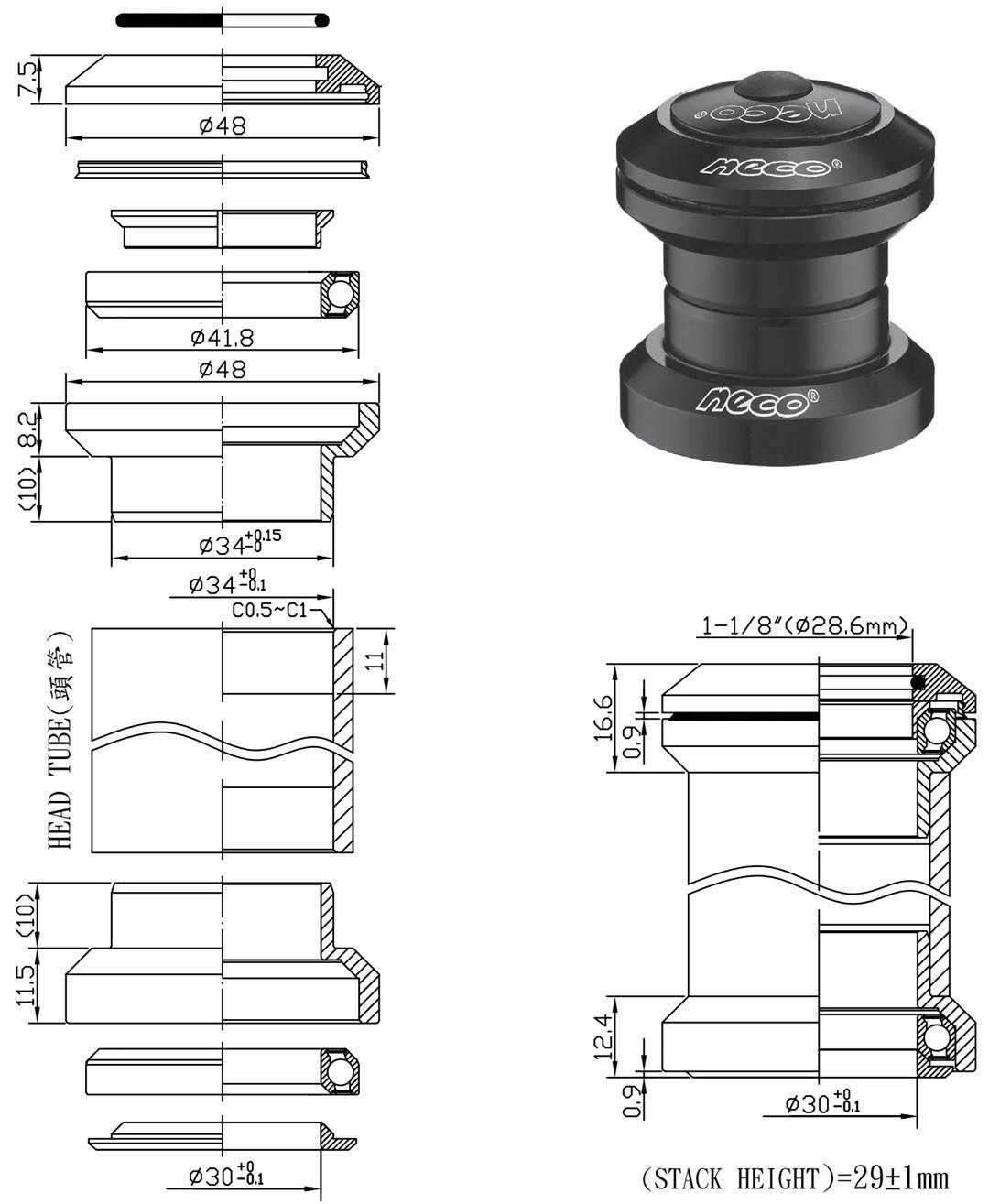 Stery Ahead 1-1/8" 34X30 Alu Neco H773 Bk