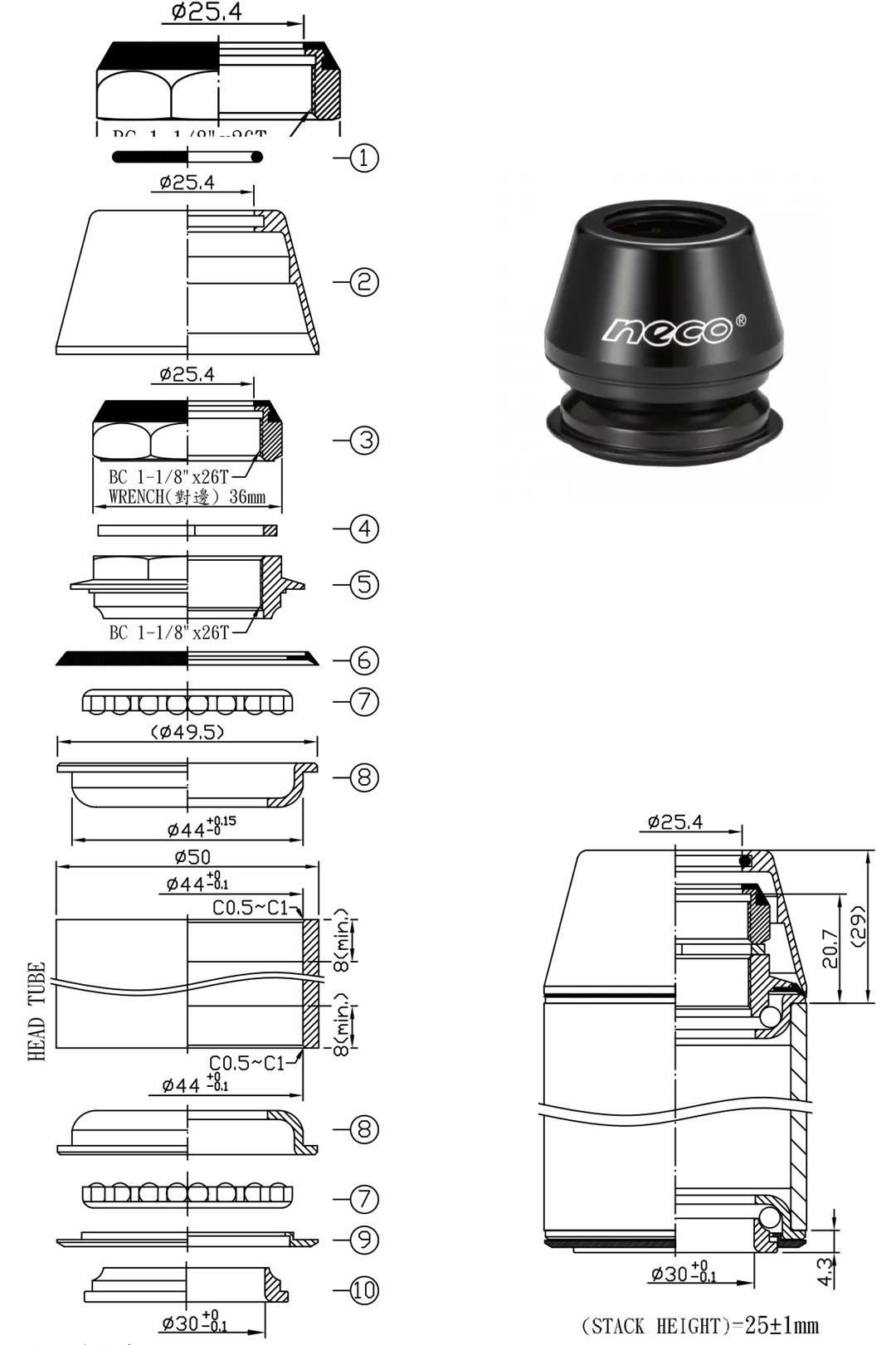 Stery Półzint1-1/8" 44/50 Neco H112N Bk | ST 112N BK