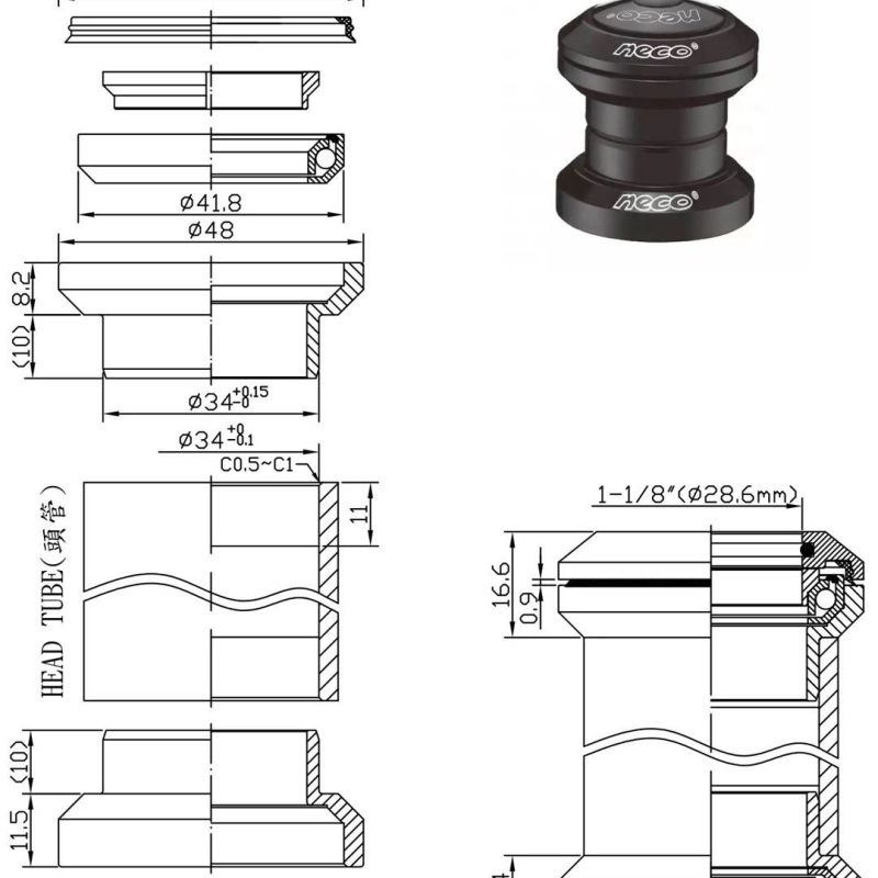 Stery Ahead 1-1/8" / 34X30 / Alu / Neco H711 / Bk